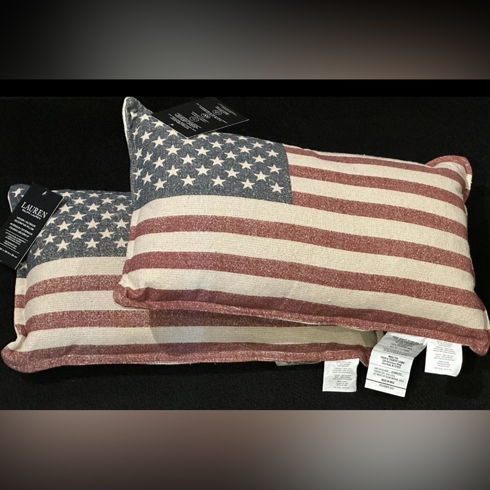 SET OF 2 RALPH LAUREN USA FLAG PILLOWS INDOOR OUTDOOR STARS STRIPES ALL WEATHER